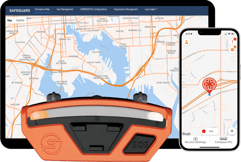 Compass wearable, Safeguard mobile app, and Navigator dashboard composite