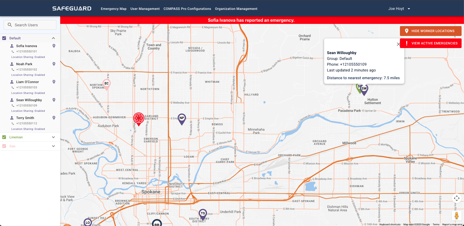 Navigator dashboard emergency map showing worker location