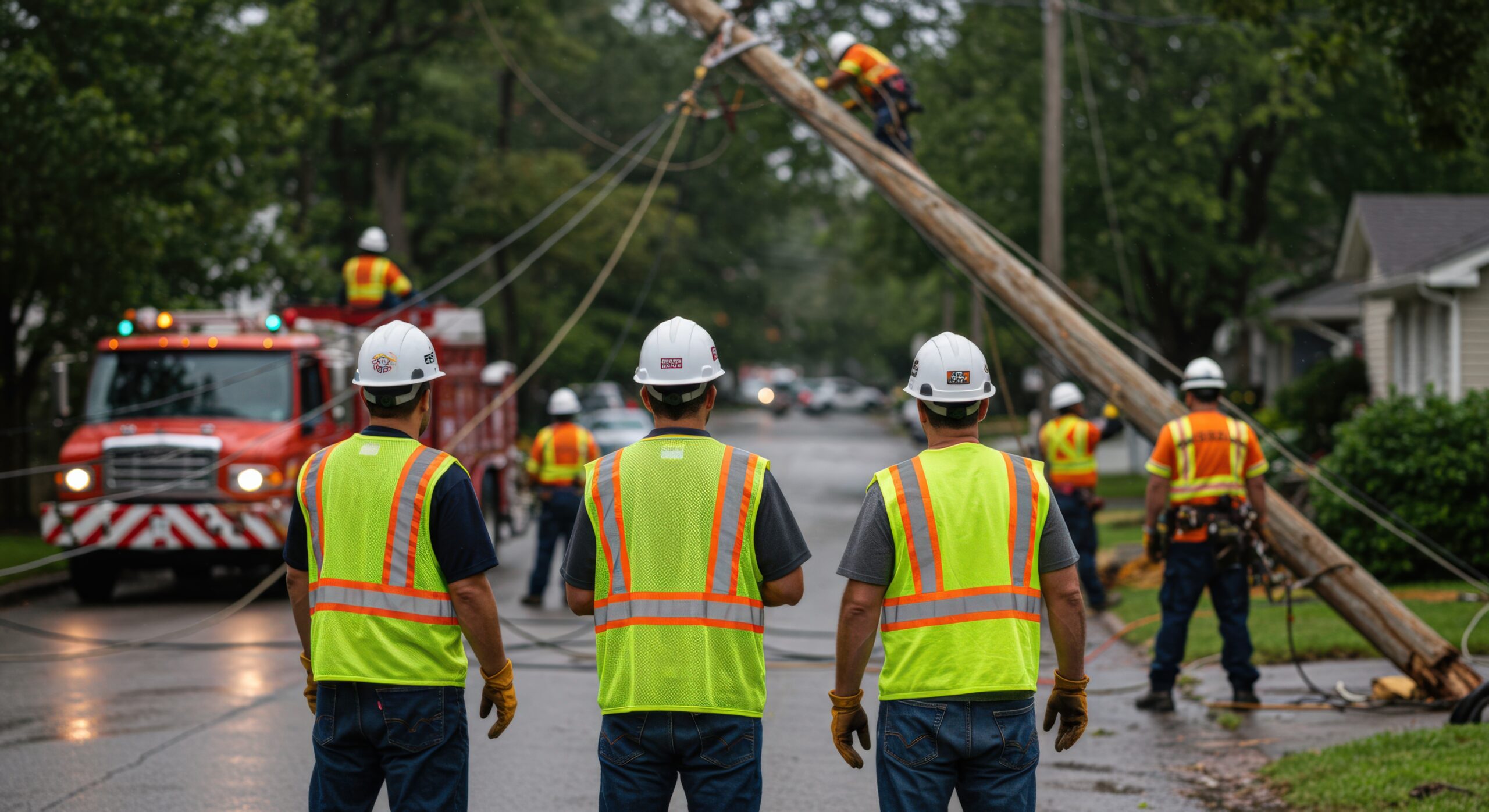 Utility workers assessing fallen power pole